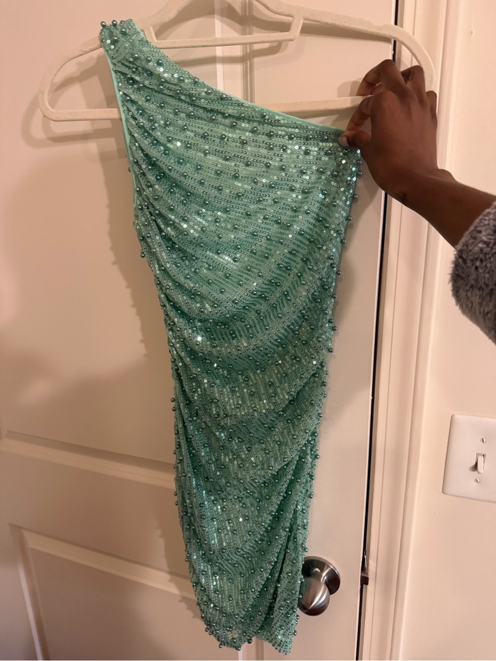 Fashion Nova One-Shoulder Sequin Mint Green Dress